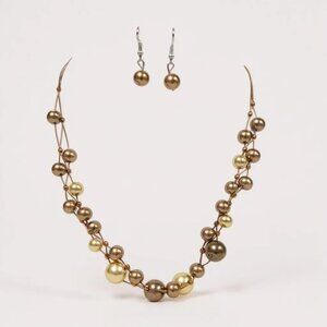 Multi Brown Tan Faux Pearl Necklace Earring Set
